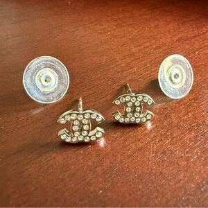 CHANEL Silver Crystal Logo Earrings, EUC